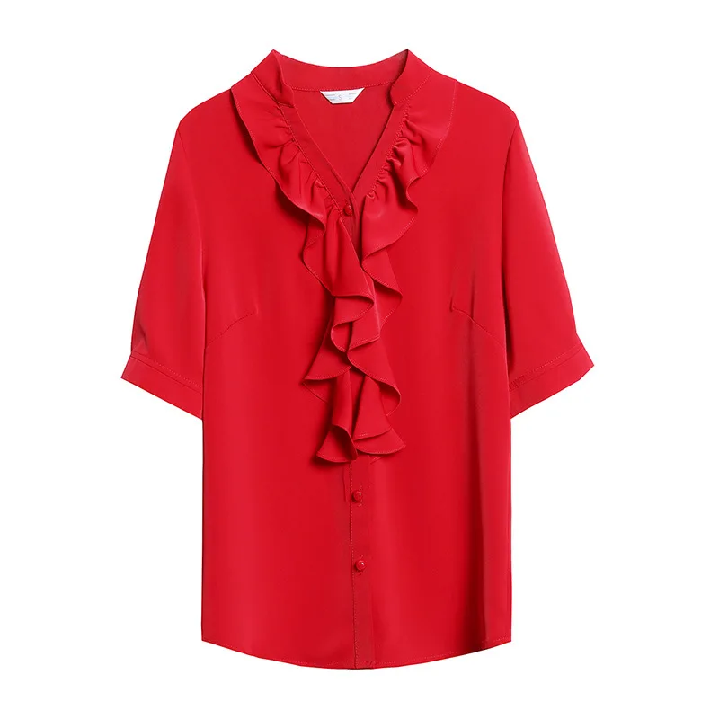 

2021 summer new short-sleeved shirt ruffled niche three-dimensional design chiffon V-neck blouse women