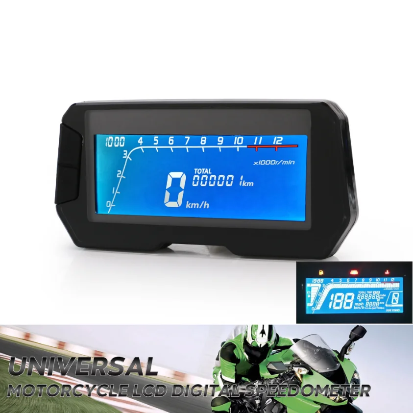 

12000RPM 1-6 Gear Universal Motorcycle Speedometer 0-199km Miles Odometer Tachometer Time for 2 4 Cylinders Engine Gear 12V