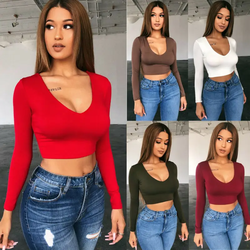 

Women Casual Solid Color Long Sleeeve Crop Top Fitness Sports Short T-shirts Brown Red White Wine Red Green