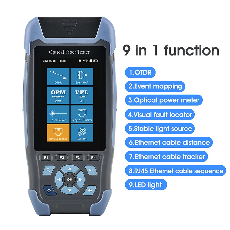 Pro mini OTDR Fiber Optic Reflectometer AUA900D with 9 Functions VFL OLS OPM Event Map 24dB for 64km Fiber Cable Ethernet Tester