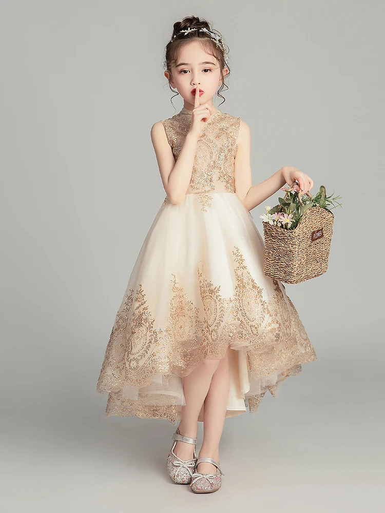 Золотое кружевное свадебное платье с блестками для девочек детское праздничное