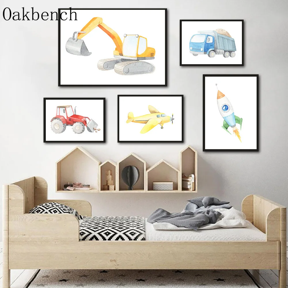 Плакат на холсте с изображением грузовиков машин самолетов строительных