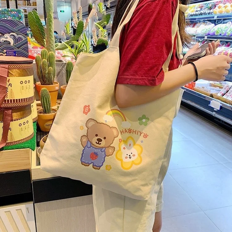

Античная милая мягкая Милая красочная Холщовая Сумка с принтом медведя для студенток