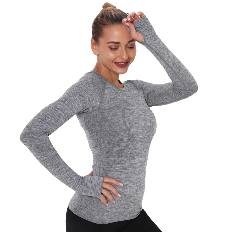 

Seamless Knitted T-Shirt Round Neck Long-Sleeved Top High Elasticity Sweat-Absorbent Tight-Fitting Sports Fitness Yoga Slothes