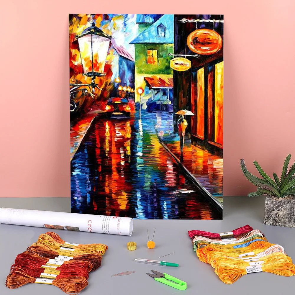 

Oil Painting Style Blue Rain Printed Fabric 11CT Cross Stitch Kit Embroidery DMC Threads Painting Needlework Promotions