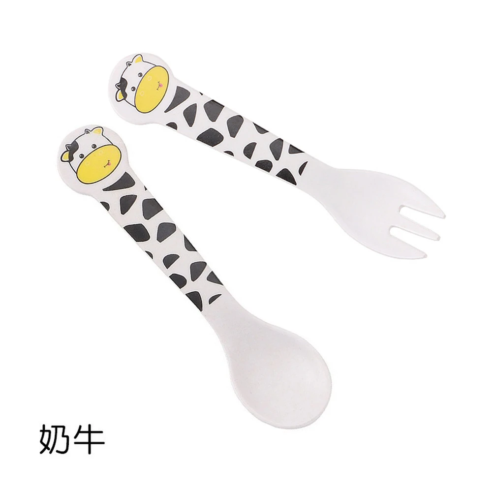 2 Pcs Cute Cartoon Pattern Bamboo Fiber Dinner Fork Spoon Set Children's Baby Kids Food Picks Solid Feeding Tableware Cutlery | Дом и сад