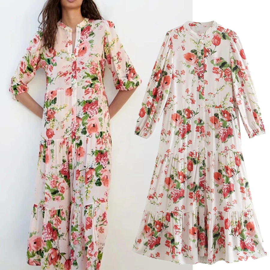 

Jenny&Dave Long Dress Women Vestidos Indie Folk Bohemian Vintage Floral Printing SummerWomen Enlgand Style Fashion Elegant