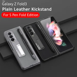 leather kickstand pen holder case for samsung galaxy z fold 3 5g phone case bracket with pen slot hard full protection cover free global shipping