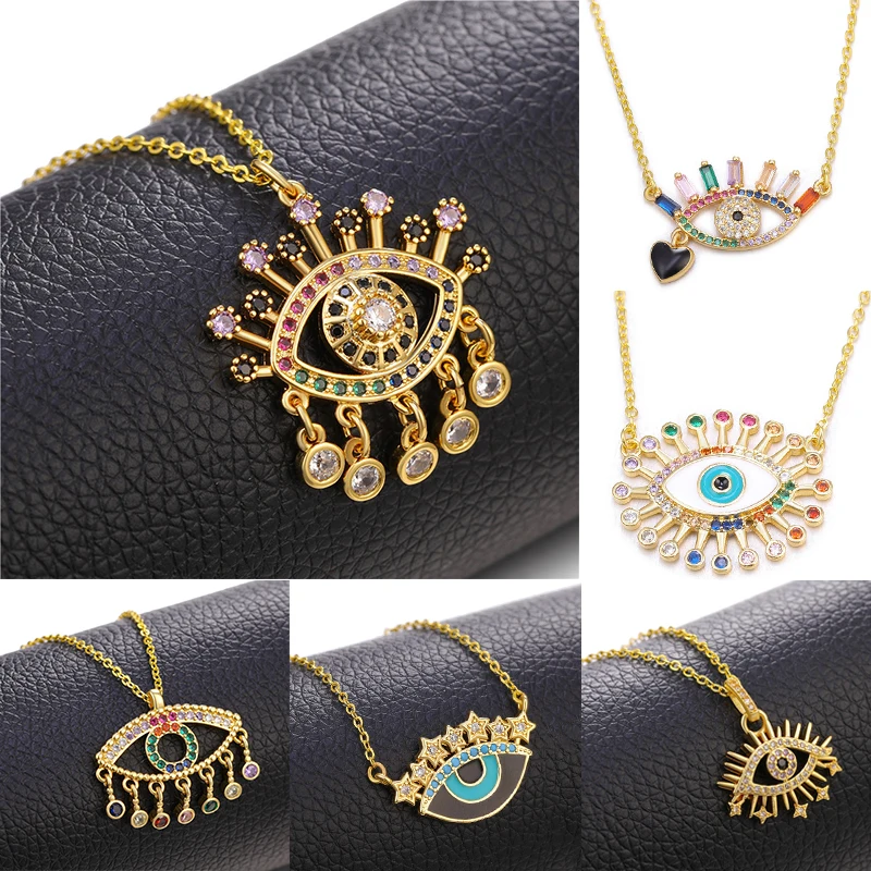 Juya Handicraft New Year Christmas Gift Rainbow Crystals Gold Greek Turkish Enamel Evil Eye Charm Pendant Necklace For Women Men | Украшения