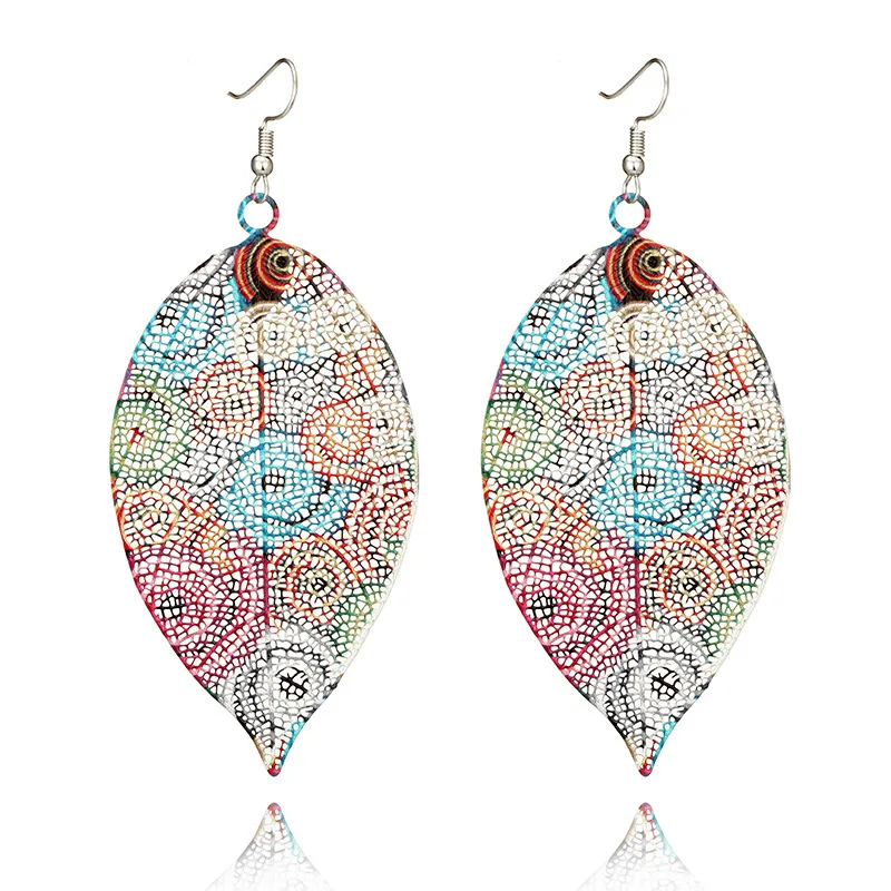 Новые полые серьги с принтом листьев ретро этнические металлические цветные