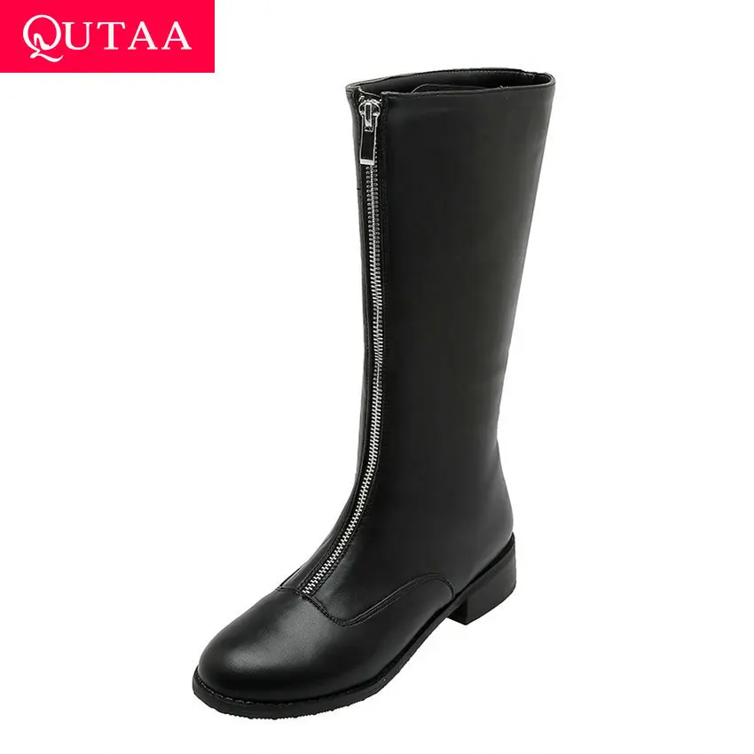 Женские ботинки до середины икры QUTAA Теплые повседневные из искусственной кожи с