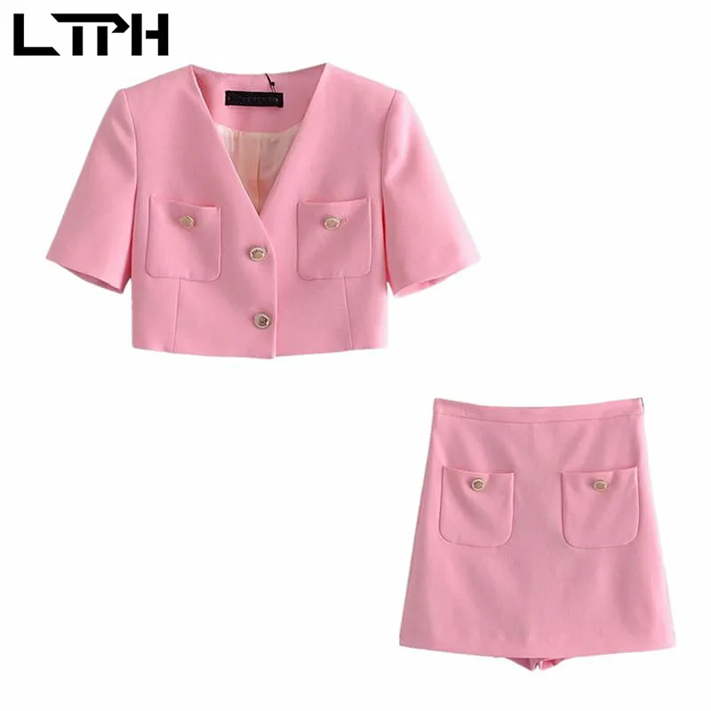 

LTPH vintage pink double pocket 2 piece set women V-neck blazer Outfits casual chic button shorts skirts sets 2021 summer new