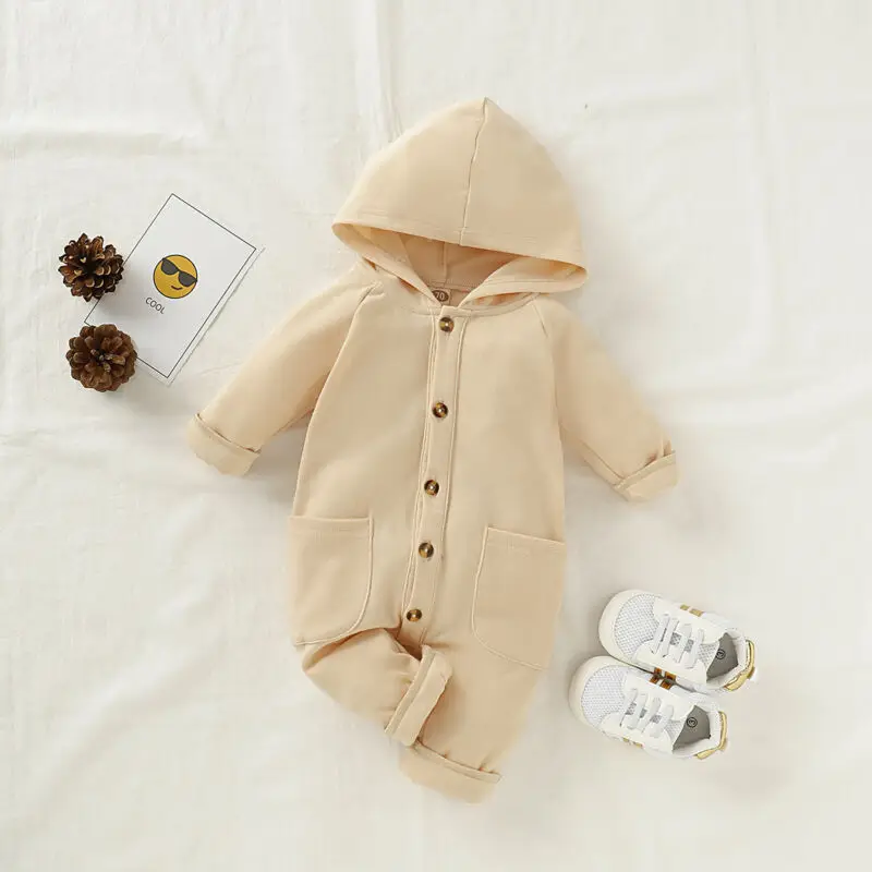 

Spring Autumn Clothing Newborn Infant Baby Boy Girls Kid Solid Long Sleeve Hooded Button Pockets Romper Winter Warm