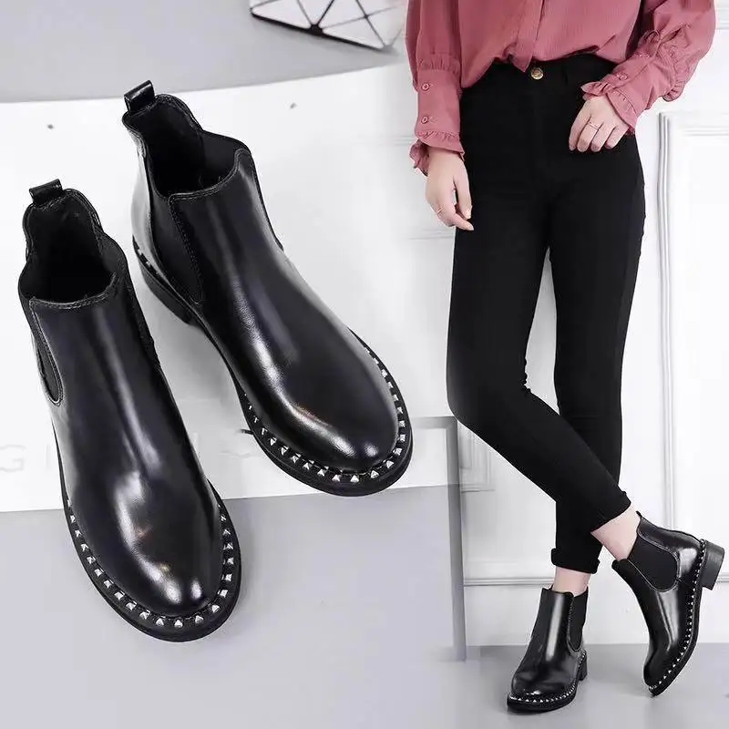 Bishen/зимние ботинки женские ботильоны с круглым носком и заклепками модные