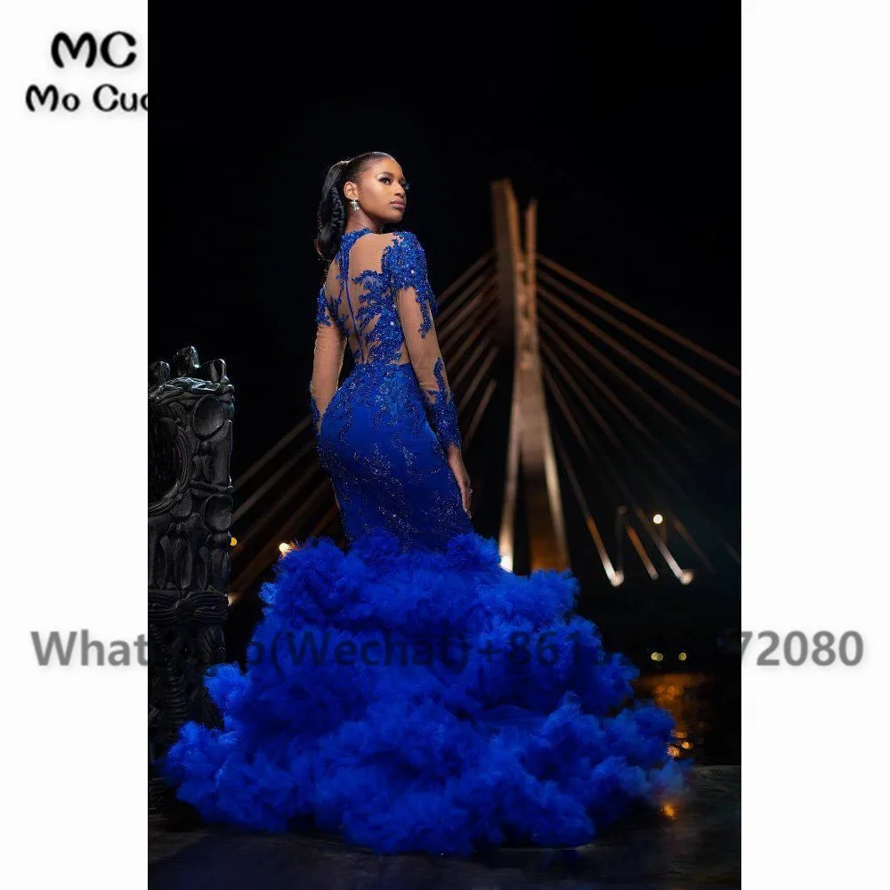 

Elegant 2021 Royer Blue Illusion Prom Evening Dresses Long Sleeves Appliques Lace Ruffles Tulle Prom Party Gown for Women's