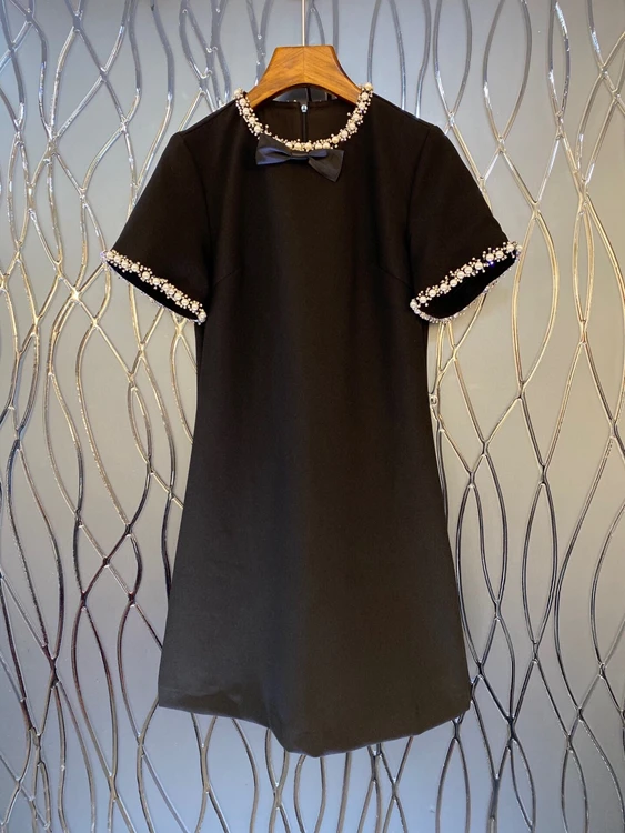 

Новинка весна-лето 2021, женское лидер моды, платье с круглым вырезом и короткими рукавами, украшенное бисером, 328