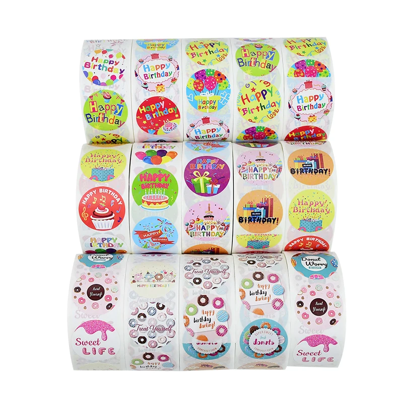 

500pcs/roll 2.5cm Cartoon Happy Birthday Stickers for Children Paper Label Party Event Baby Shower Candy Cake Gift Box Decor