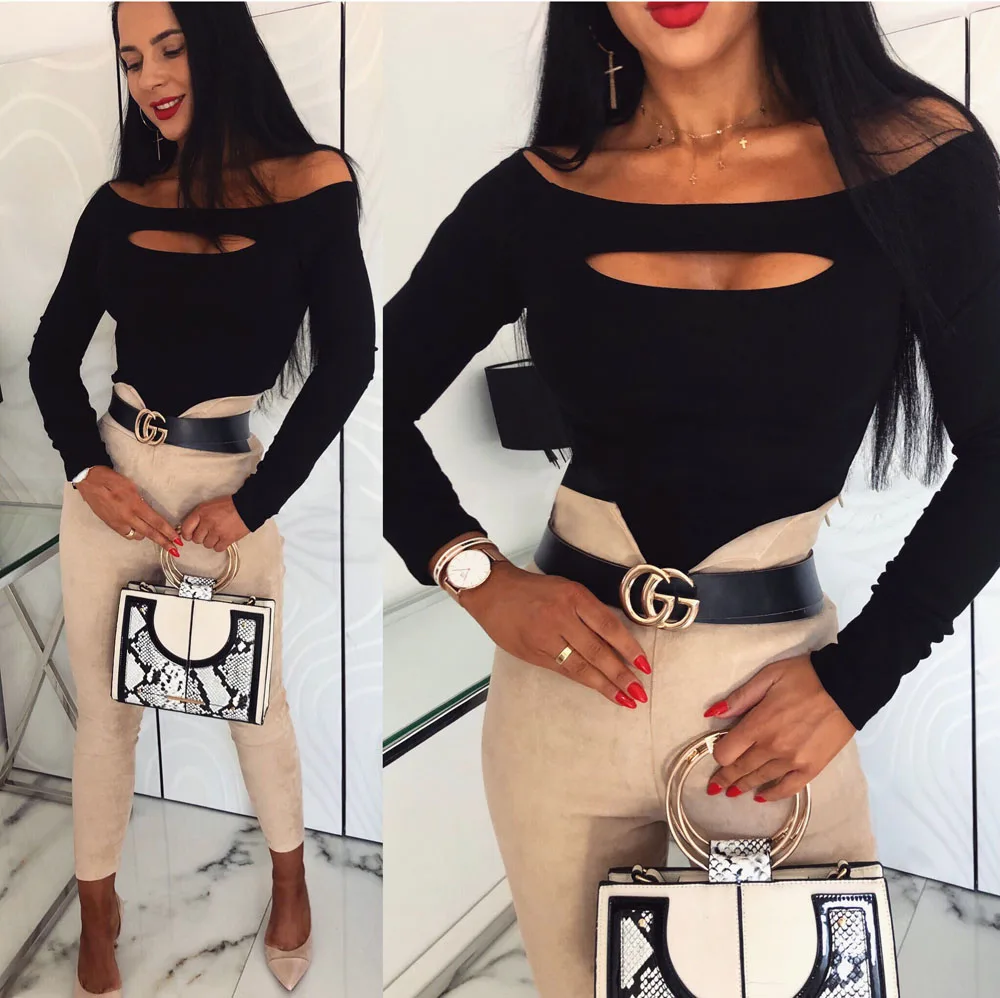 Модная женская футболка сексуальная с открытыми плечами длинным рукавом