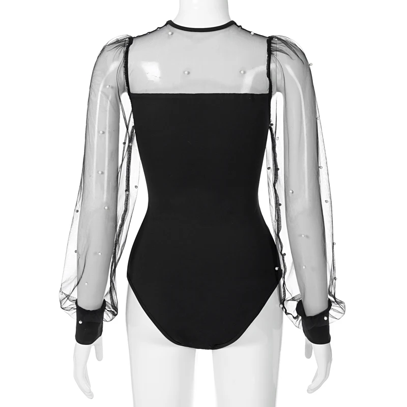 

2021 Mesh Pearl Patchwork Long Puff Sleeve Sexy Bodysuit Winter Women Fashion Streetwear Party Elegant Lady Romper