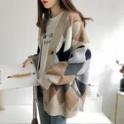 Женский кардиган в клетку Unaiza, повседневный Свободный джемпер с рукавами-фонариками и V-образным вырезом, вязаный кардиган оверсайз для осени и зимы