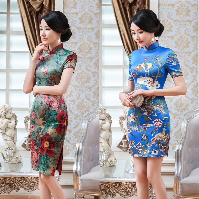 

Qipao Spring Summer Cheongsam Dress Imitation Fragrant Cloud Yarn Short-Sleeved Slim Printed Costumes Retro Modern Qipao Dress