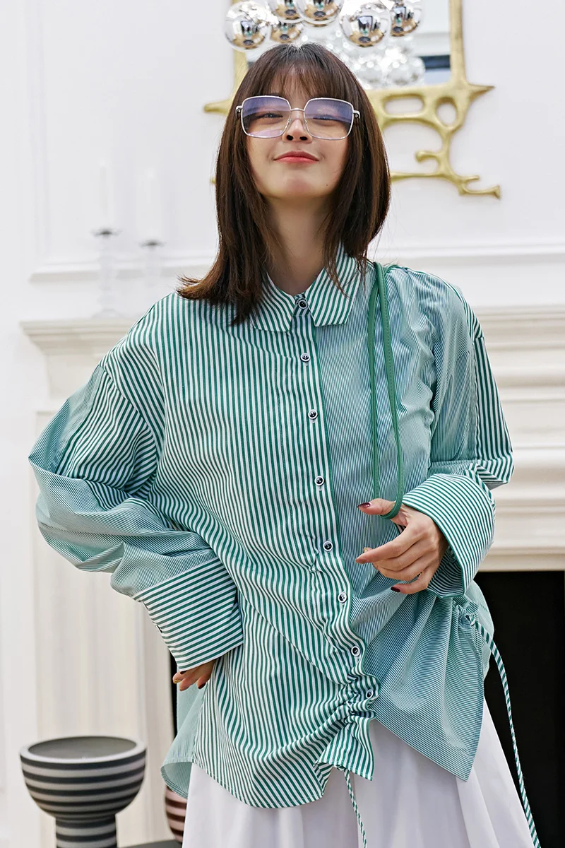 

XUXI 2020 Women New Summer Top Shirt Cauliflower Pleated Loose Long Sleeves Striped Streetwear Long Section Blouse FZ1200