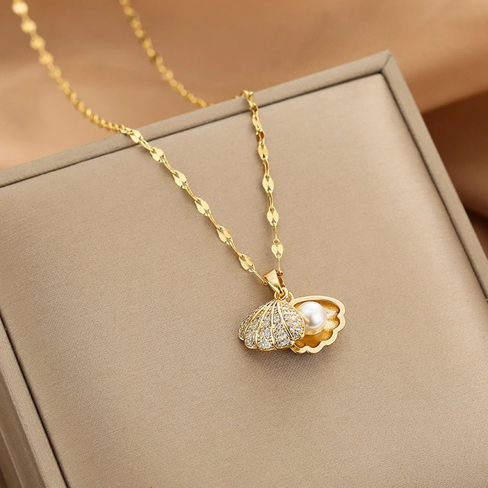 

Fashion New Set Auger Ms Fan Shell Pearl Necklace Pendant, Contracted Individuality Luxurious Party Girl Clavicle Chain Jewelry