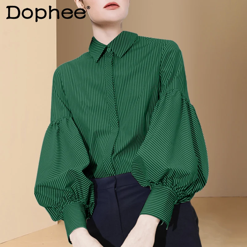 

2021 Spring New French Style Lantern Long Sleeve Blouse Women Loose Slimming Striped Shirt Elegant Ol Office Ladies Blusas Top