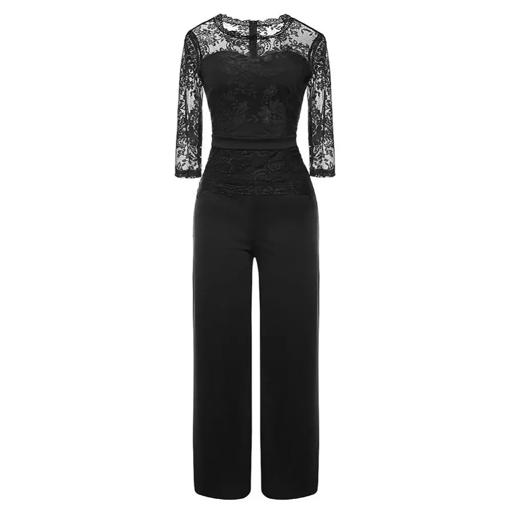 

Sexy Jumpsuits Women See through Lace Sleeve Wide Leg Jumpsuit Playsuits Women Sexy Waist Tight O Neck Rompers Combinaison femme