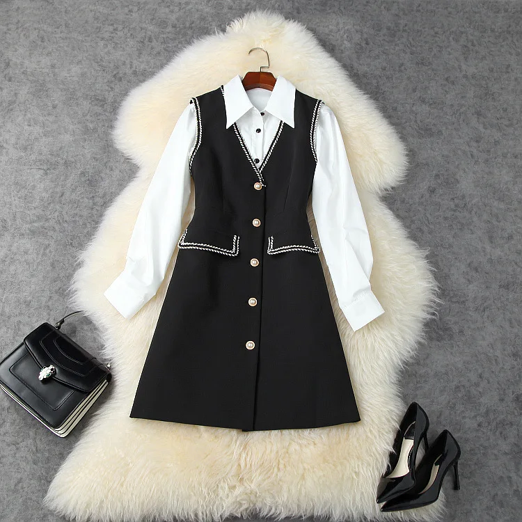 

women's American European and clothing 2021 autumn new style Long sleeve shirt Button-down vest dress two-piece
