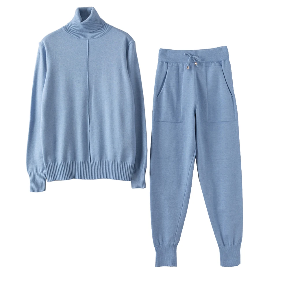 

2021 Stylish Knit Suit Womens Casual Solid Two Piece Sets Turtleneck Mid Line Sweater+Pant Tracksuit Female Suits