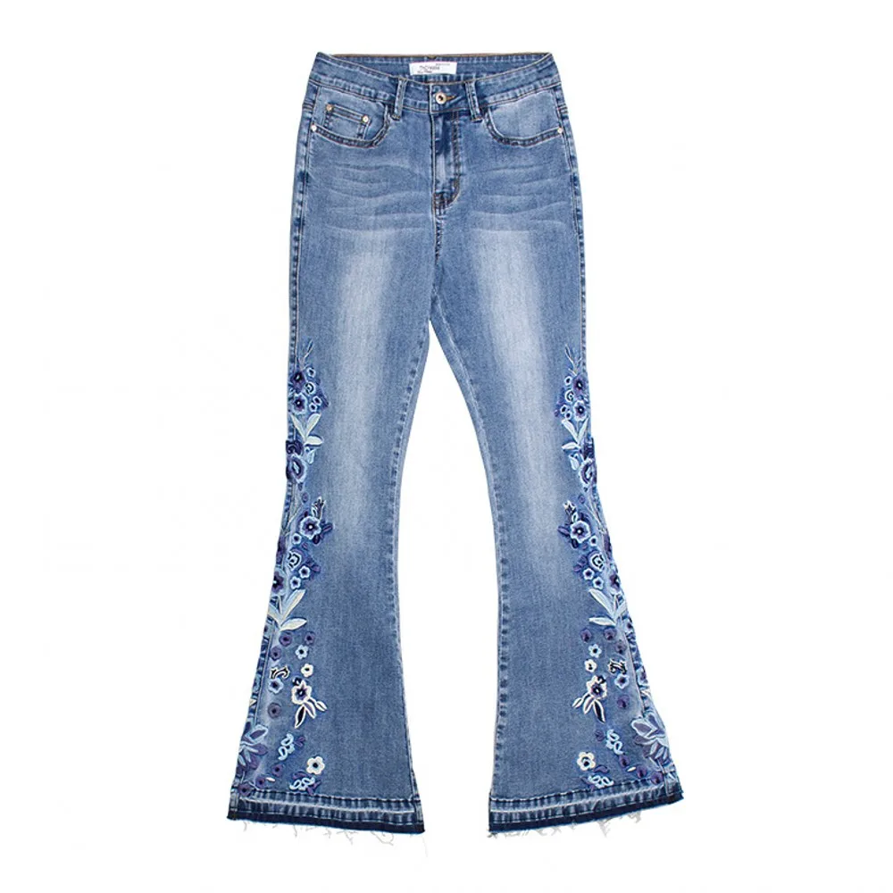 2021 Spring And Summer New Women's Fashion Denim Embroidered Wide-Foot Washed Flared Jeans Slim Slimming Casual Jeans Trend