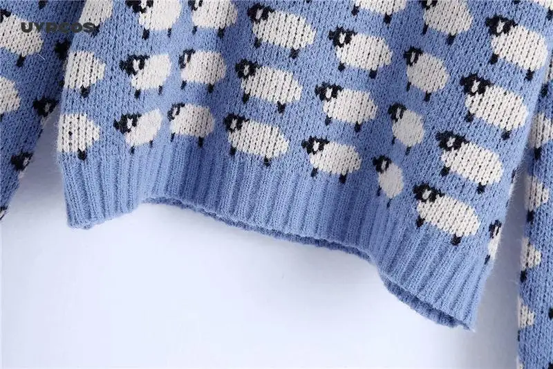 

UVRCOS Sweet Women Cartoon Sheep Print Sweater 2020 Fashion Ladies Chic O-Neck knitted Tops Streetwear Female Cute Blue Pullover