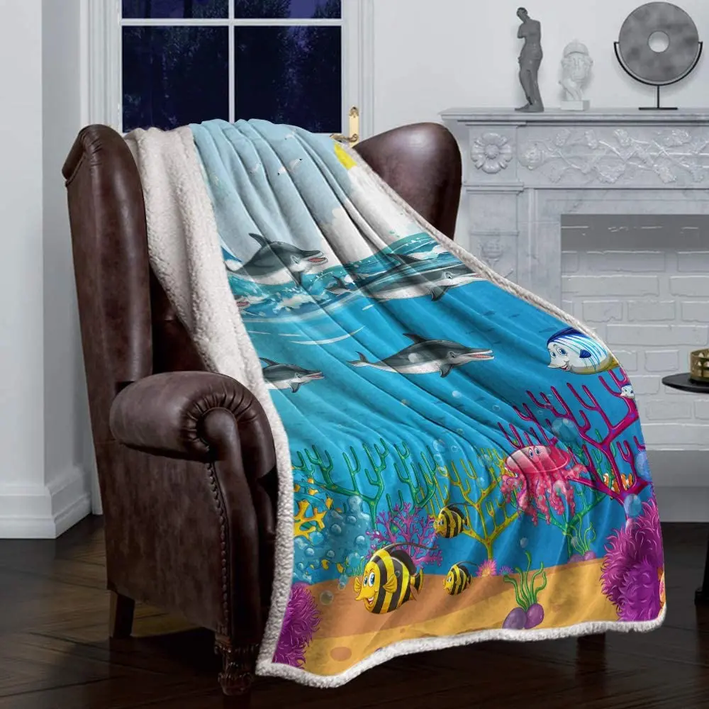 

Super Soft Sherpa Fleece Throw Blanket for Sofa Bed Living Room Ocean Themed Cute Sea Animals Lightweight Cozy Bedding Blanket