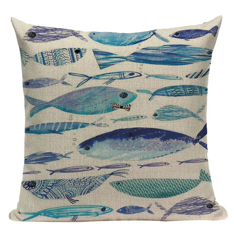 Наволочка из хлопка и льна с принтом морских животных рыбок 18x18 дюймов|Наволочки|