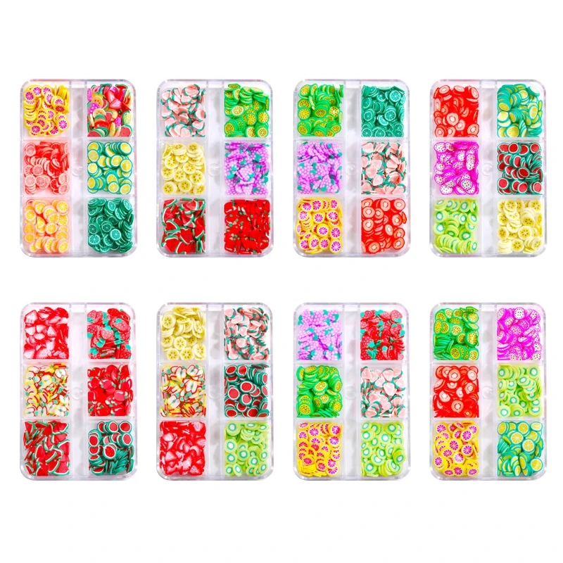 

6 Grids Crystal Nail Art Set Fruit Soft Pottery Pieces Multicolor Flat Back Shiny Nail Jewelry for Art DIY Crafts wholesales