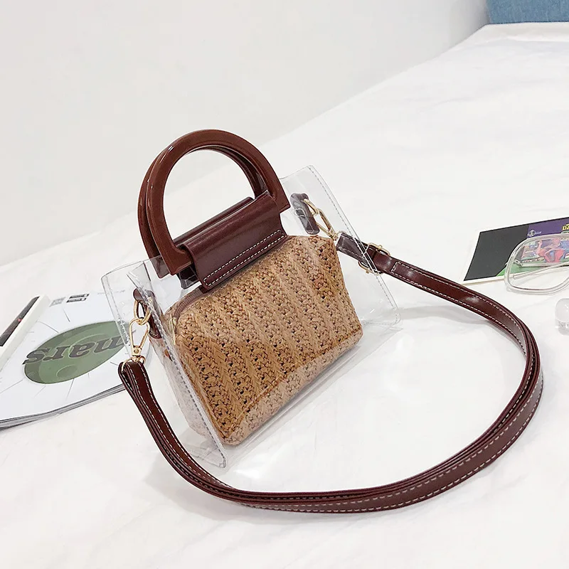 Женские Прозрачные сумки летние соломенные через плечо из двух частей женские