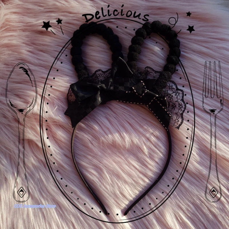 

Japanese Original Handmade Lolita Soft Sister Cute KC Black Plush Rabbit Ears Hair Hoop Lace Bowknot Girls Hair Accessories New