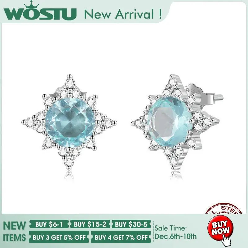 

WOSTU 925 Sterling Silver Sky Blue Zircon Star Stud Hook Earrings For Women s925 Stud Earring Wedding Engagement Jewelry Gifts