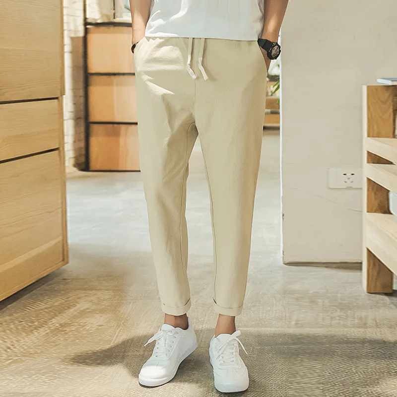 Льняные брюки 2020 летние мужские повседневные осенние льняные с эластичным