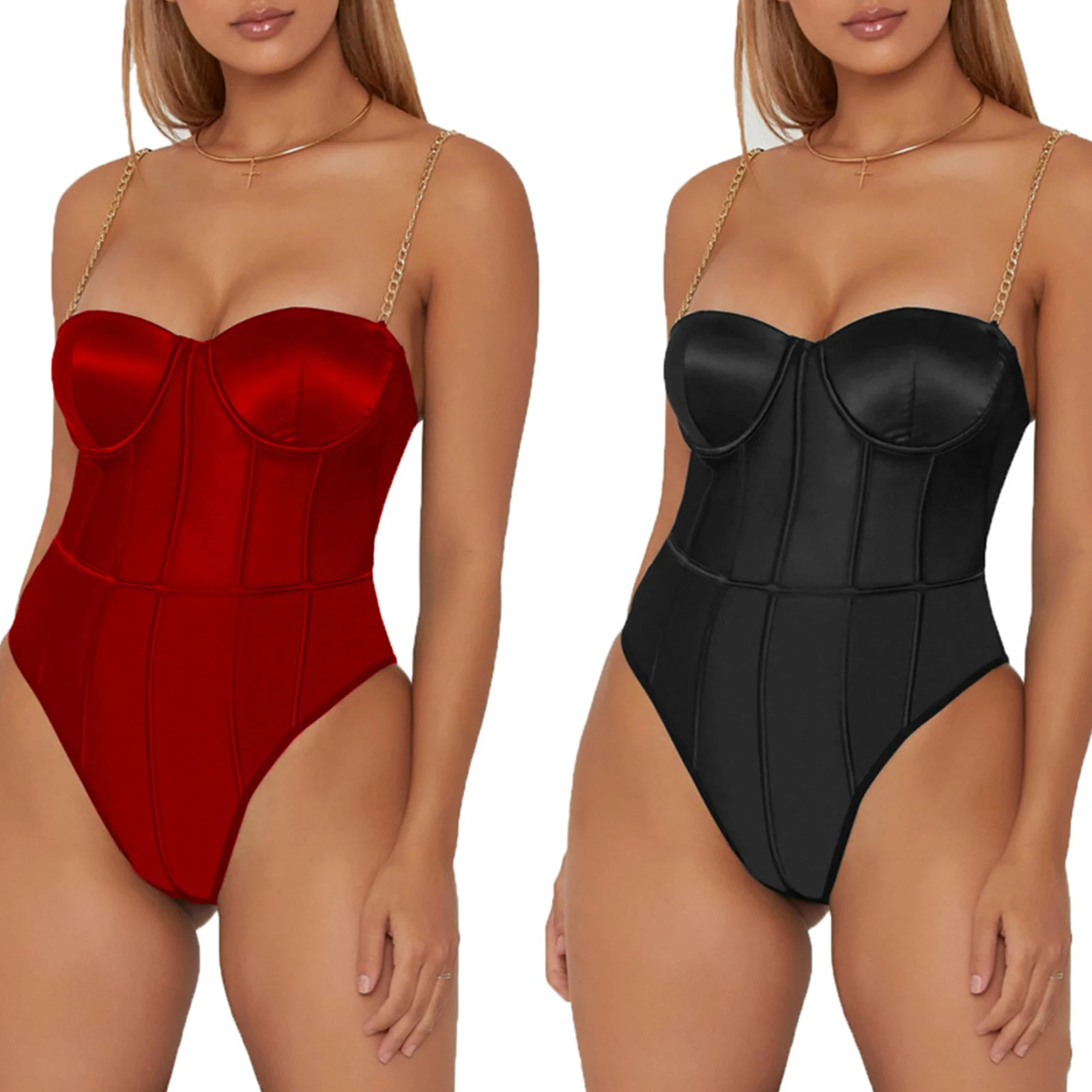 

Female Bodysuit Solid Color Low-Cut Sleeveless Romper With Metal Chain Straps For Summer Red/Black Soft And Comfortable S-XL