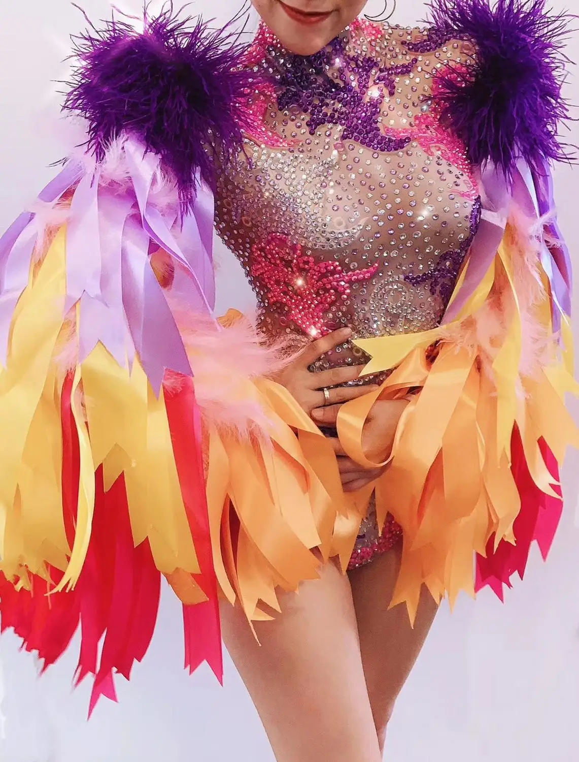 Christia Bella Multicolour Feathers Stage Costumes Women Nightclub Rhinestones Bodysuits Dancer Wear Performance Outfits