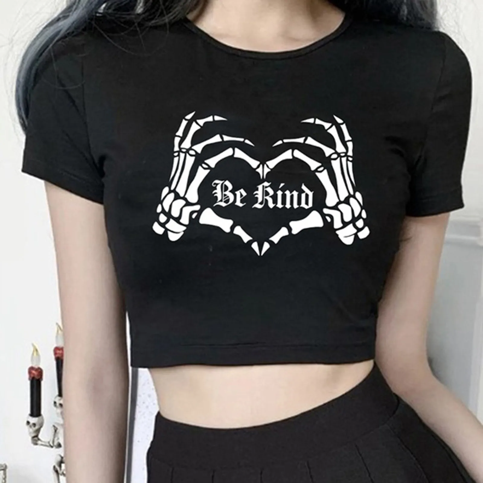 

Women Short T-shirt Skulls Printed Crop Top Casual Harajuku Woman T-Shirts O-Neck Short Sleeve T-Shirts Tops Goth Y2k Tshirt