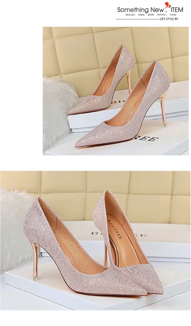 

European and American sexy nightclub metal super high heel sequined cloth shallow pointy women's single shoes