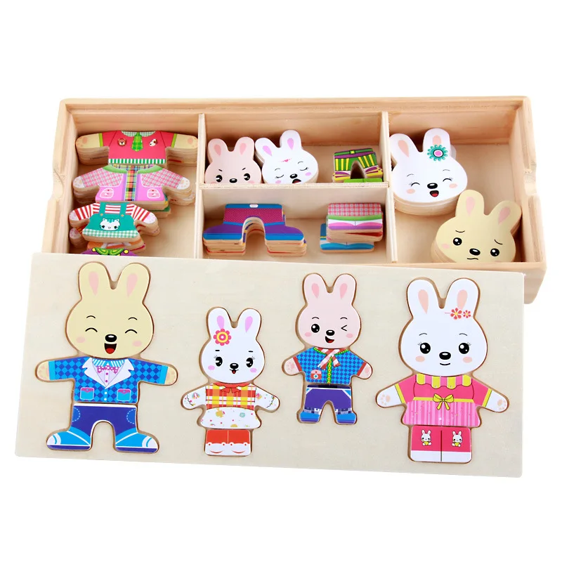 

Wooden Rabbit Puzzle Children's Clothing with Toys Educational Storage Wood Box for Kids