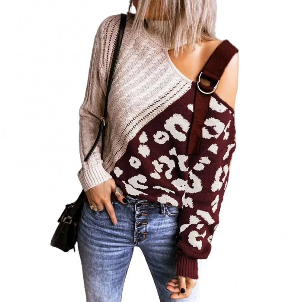 

Women Sweaters Sexy Leopard Patchwork Turtleneck One Shoulder Sweater Twist Knitted Pullover Shoulder Strap Women Sweaters 2021