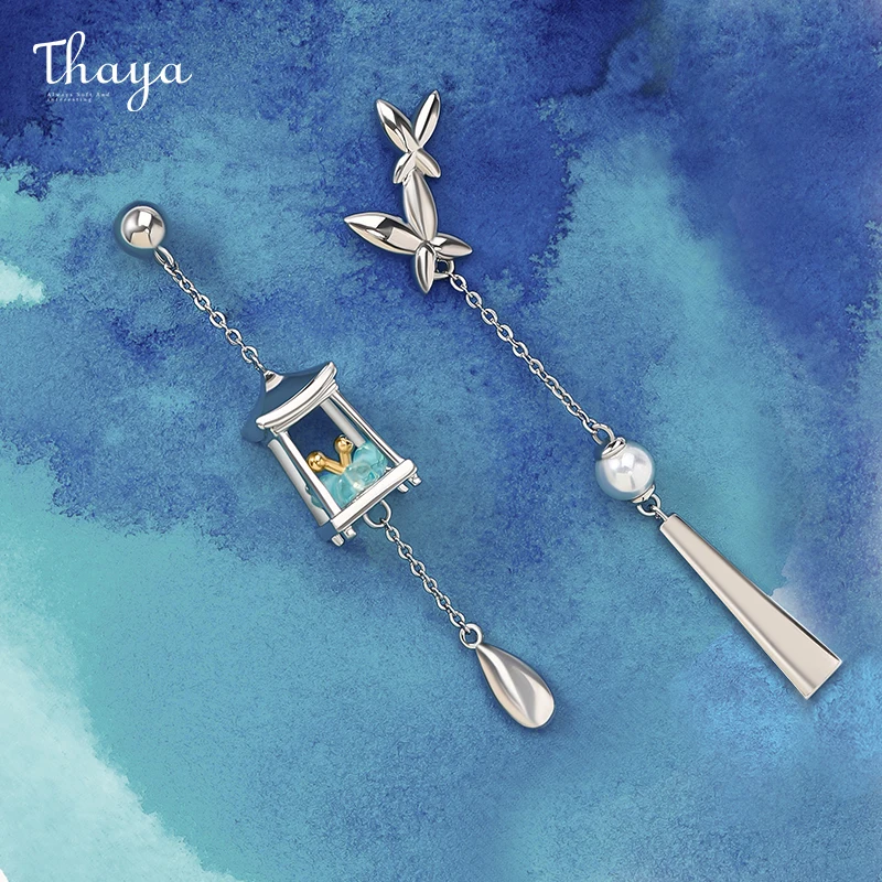 Женские серьги-гвоздики Thaya с зеленым кристаллом золотым фонариком необычные