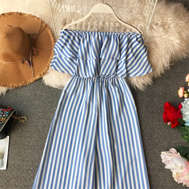 Женский пляжный комбинезон с оборками Boho повседневный длинный в полоску