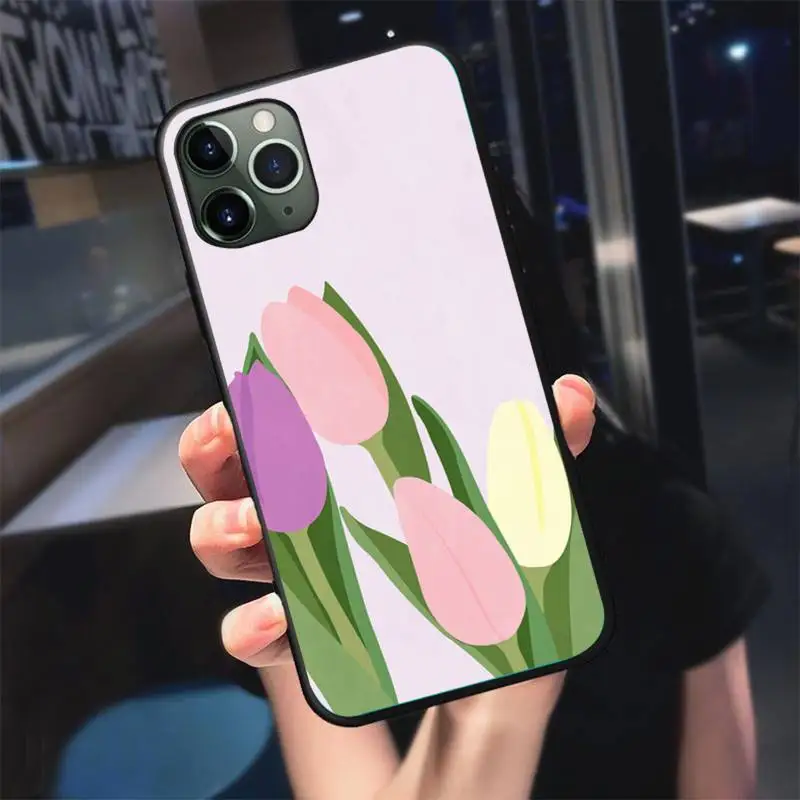 

3D Leather tulip flower pattern Phone Case For Black-Iphone 5 5s se 6 6s 7 8 11 12 X Xs Xr Pro Plus Max Mini Cover