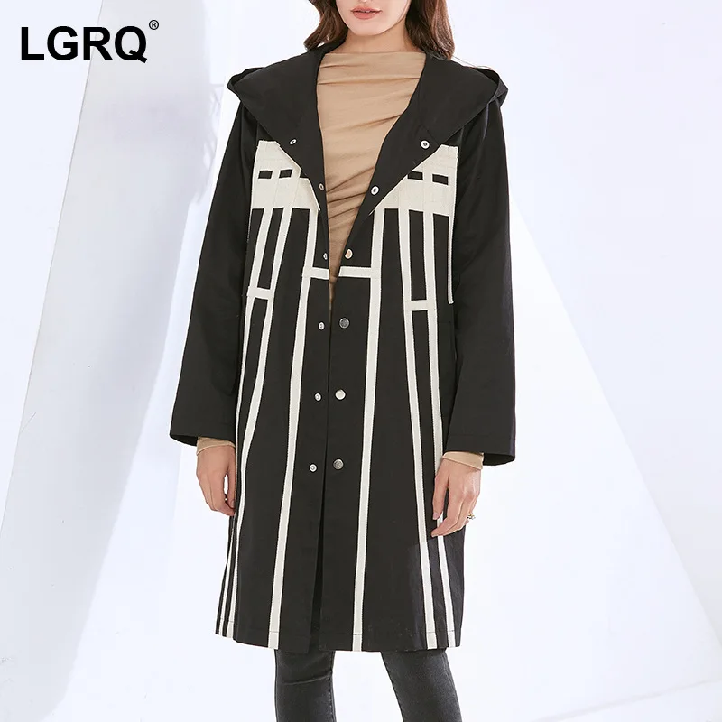 

[LGRQ] Women's Striped Knitting Trench New Hooded Long Sleeve Loose Fit Windbreaker Fashion Tide Spring Winter 2021 19D3916
